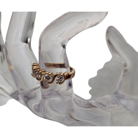 Gold Tone Cubic Zirconia Ring With Wave Design & Five Round Stones - Picture 4 of 5